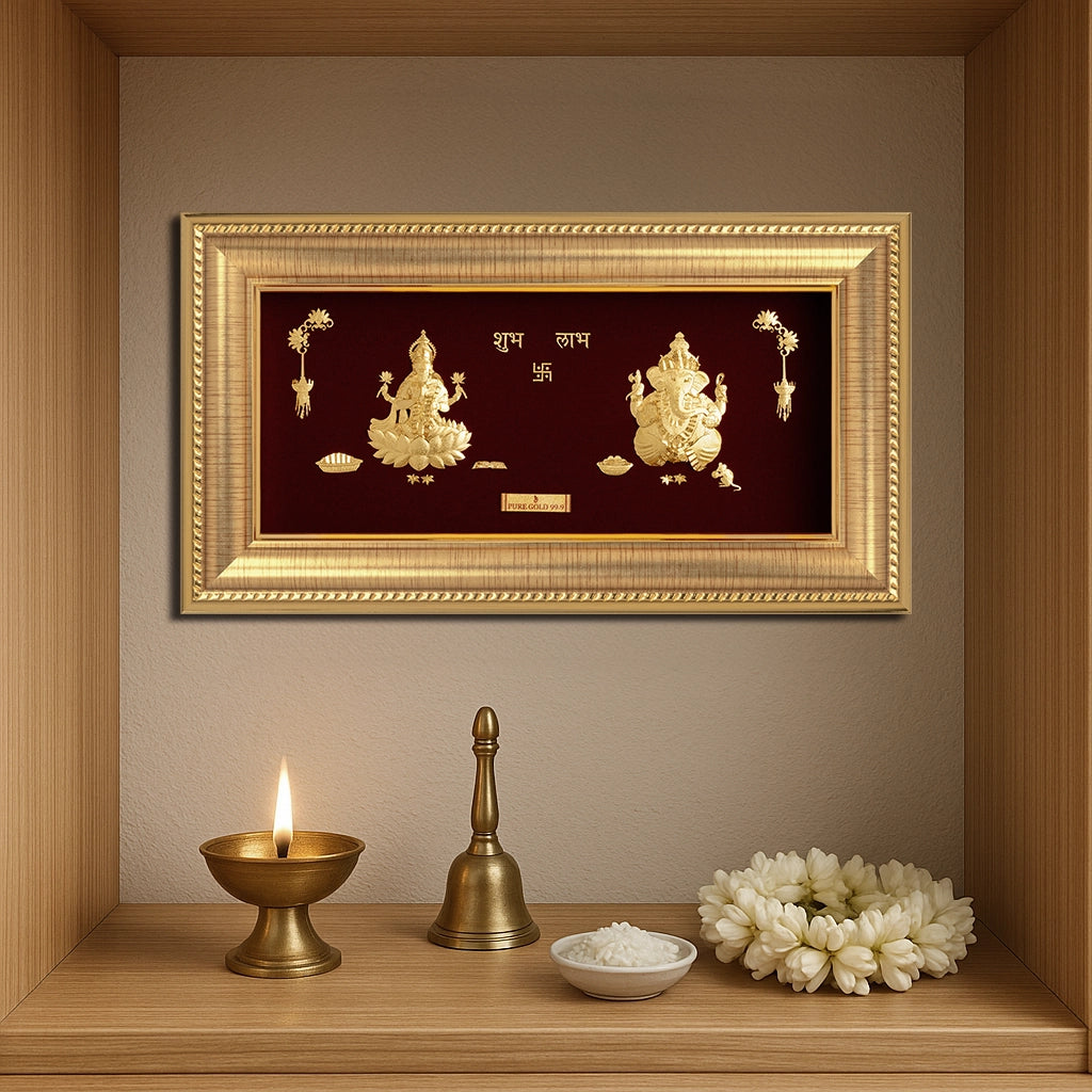 Prima Art Lakshmi ji, Ganesha  24K Gold Frame best as wall hanging , table top , temple shelf and perfect for festival and corporate gifting