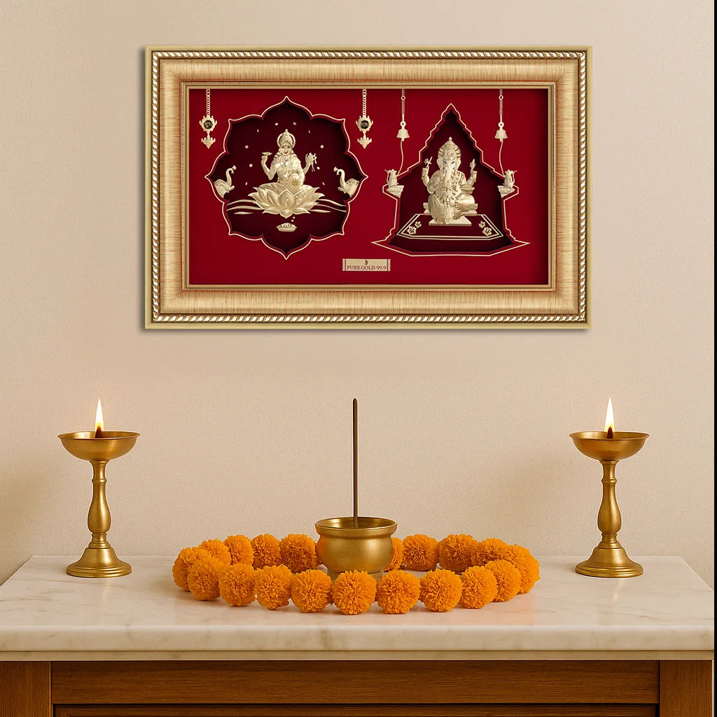 God Ganesha , Lakshmi ji & Saraswati 24K Gold Frame best for festival and corporate gifting , perfect wall mount ganesha frame and table top. Vastu Approved.