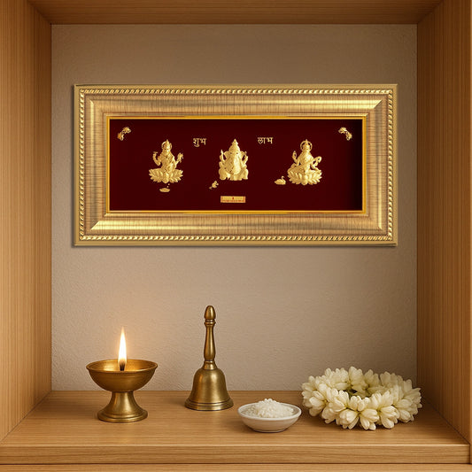 24K gold Lakshmi Ganesha Saraswati artwork in premium frame – perfect for home decor and gifting