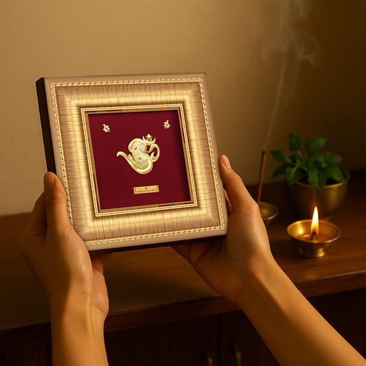 Lord om Ganesha 24K Gold Frame a perfect temple shelf frame and wall mount frame . Best for festival and corporate gifting . Vastu approved. Buy online.