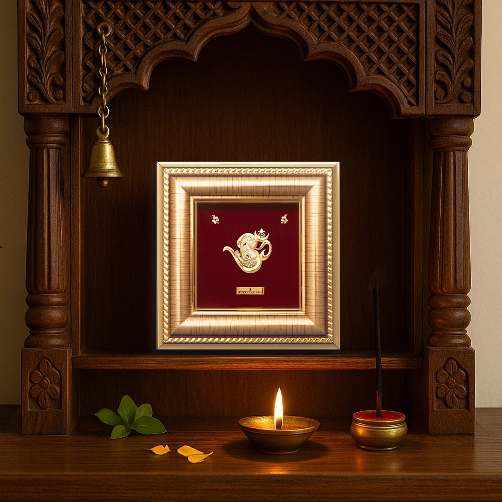Lord om Ganesha 24K Gold Frame a perfect temple shelf frame and wall mount frame . Best for festival and corporate gifting . Vastu approved. Buy online.