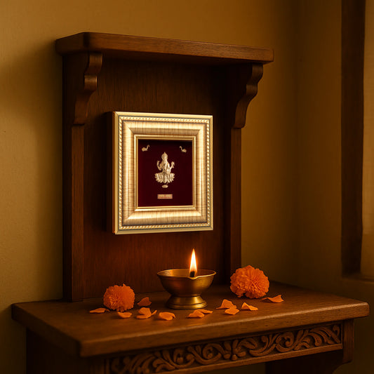 Lakshmi ji 24K gold frame – perfect for home decor , housewarming gift. Vastu Approved & perfect temple shelf frame, table top & wall hanging frame.