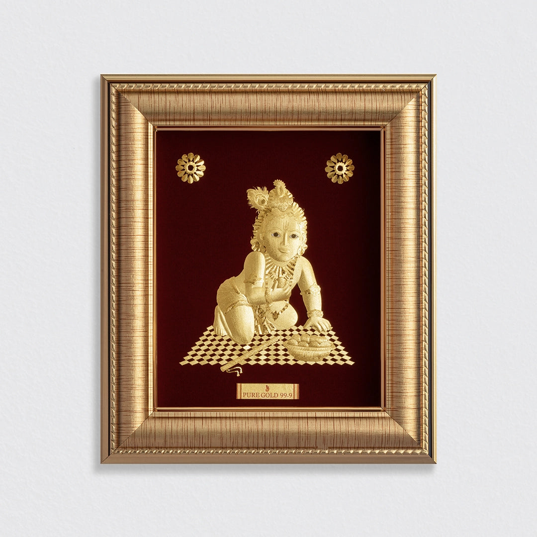 Laddoo Gopal ji 24K Gold frame. Perfect gift buy online. Best for home decor , wall hanging , table top & temple shelf. Vastu Approved.