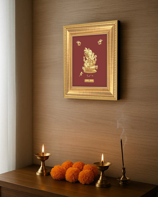 Lord Ganesha 24K Gold frame. Perfect gift buy online. Best for home decor , wall hanging , table top & temple shelf.