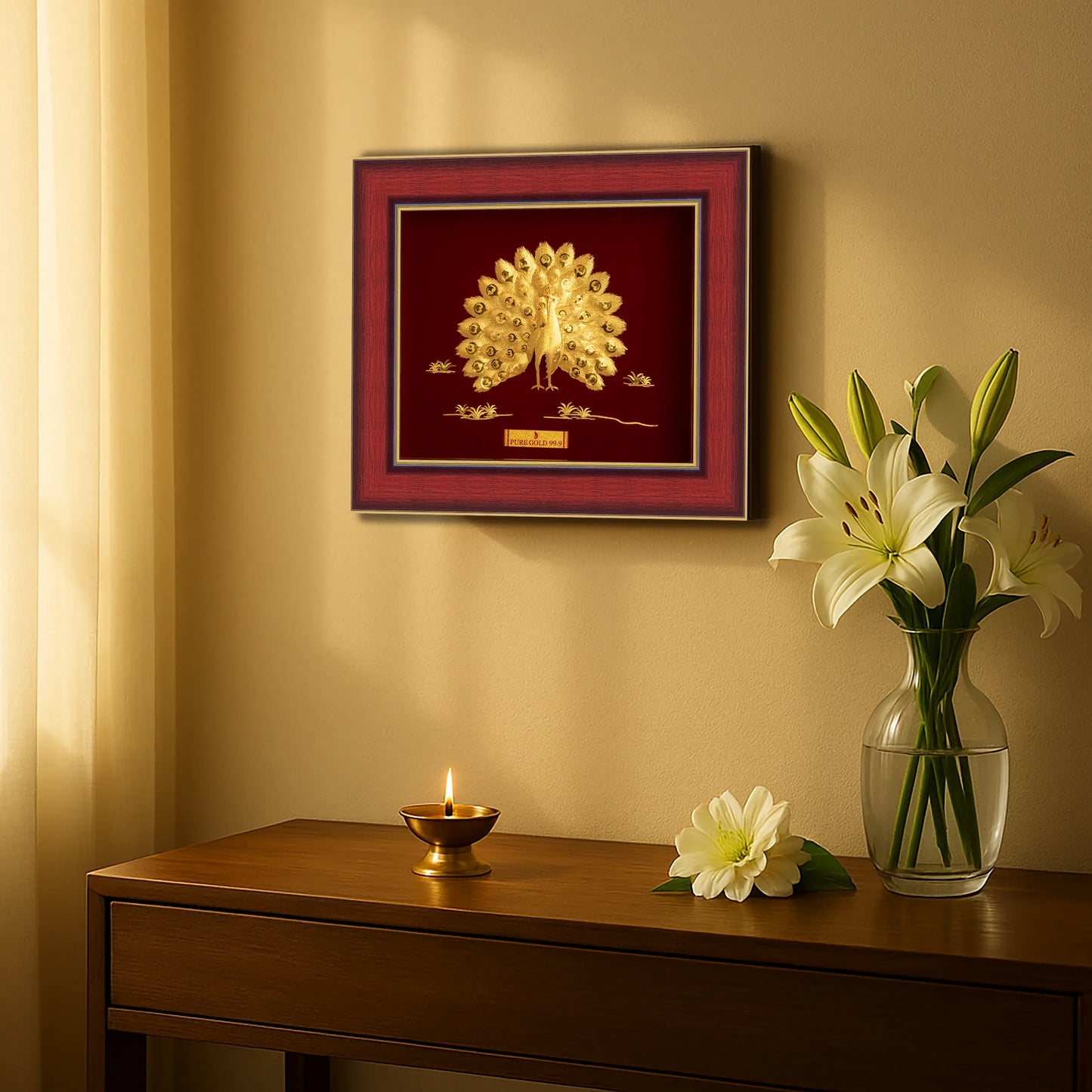Peacock premium wall art hanging frame in gold by Prima Art.