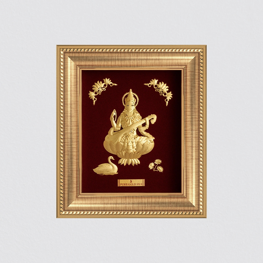 Saraswati 24K Gold Frame. Perfect a wall hanging frame , table top and temple shelf. best for festival gifting and corporate gifting