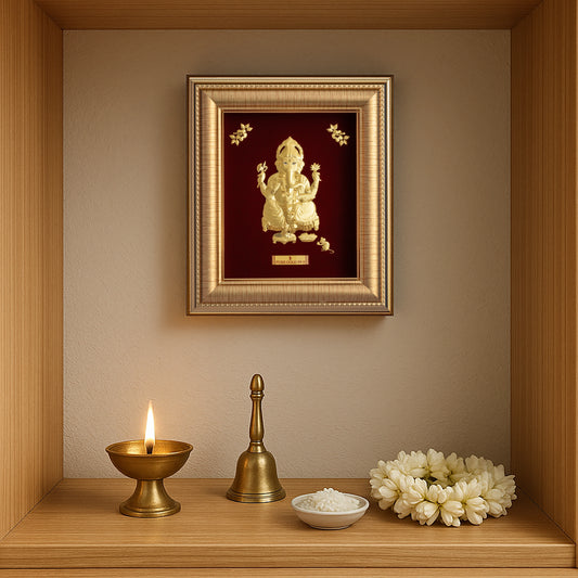 Lord Ganesha Framed in Gold , perfect wall hanging artwork. Best for gifting , housewarming & home temple.