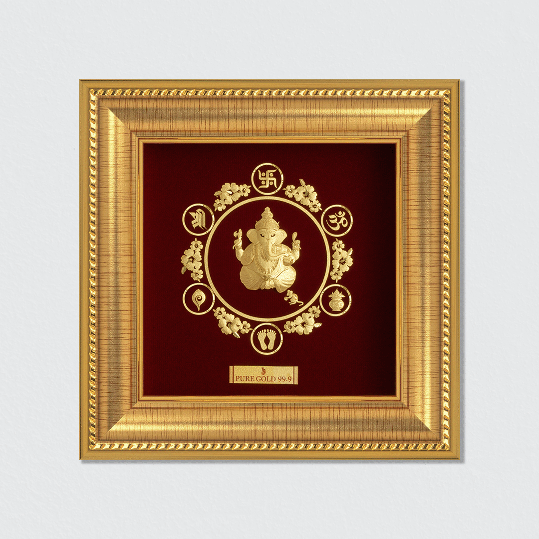 Ganesha with Auspicious Symbol 24K 99.90% Pure Gold Sheet Artwork