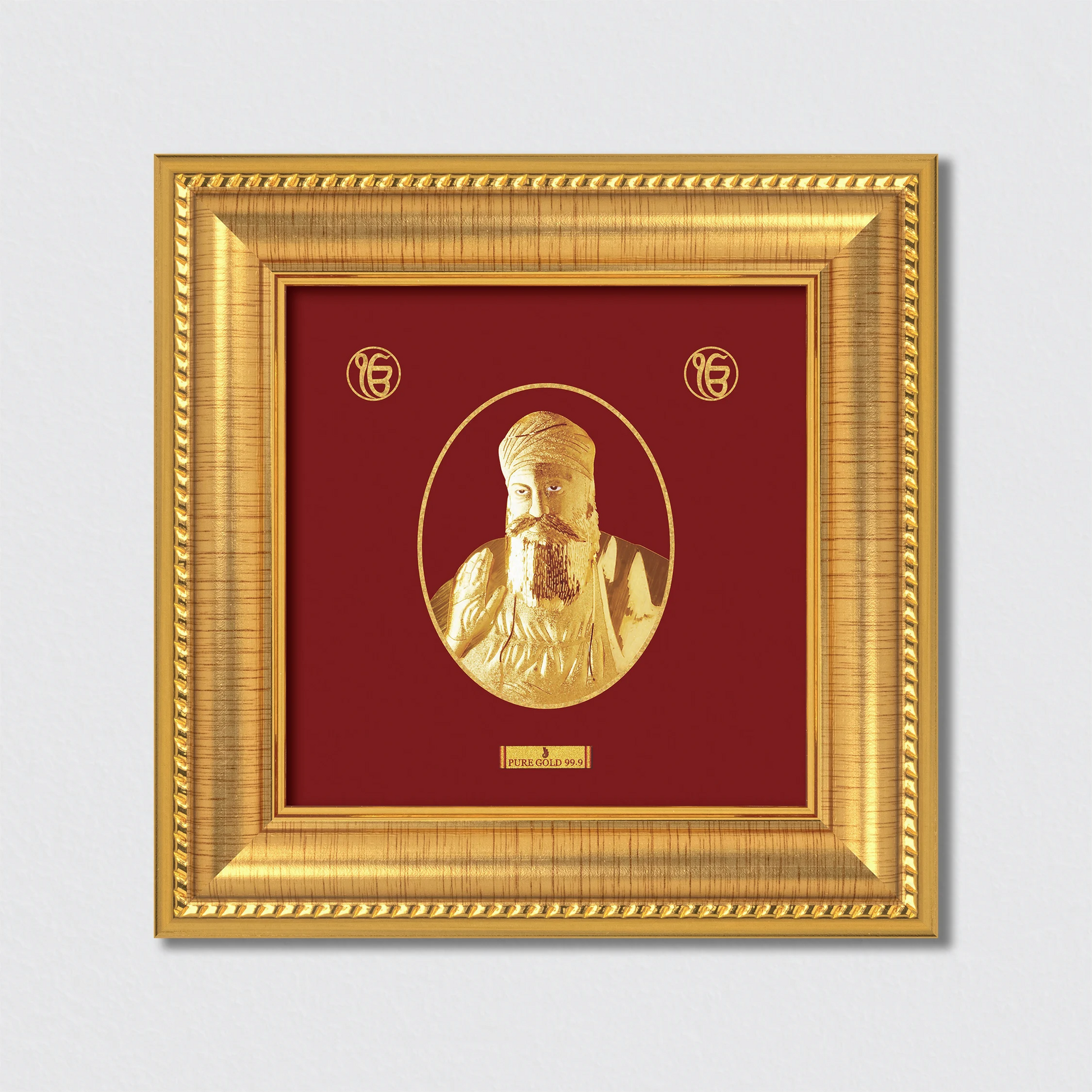 24K Gold Guru Nanak Ji frame for home gurdwara and gifting – a sacred symbol of peace, devotion, and spiritual blessings.