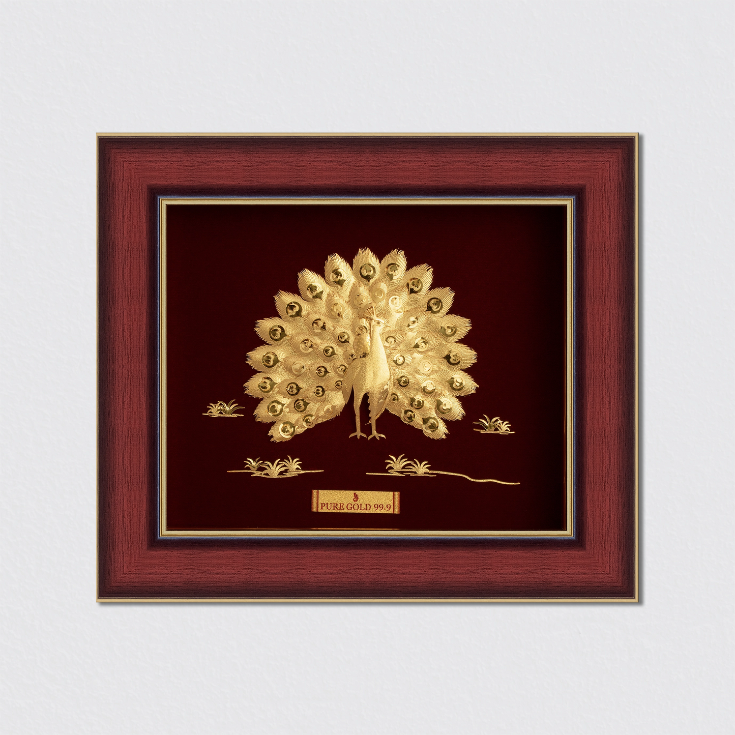 Peacock premium wall art hanging frame in gold by Prima Art.