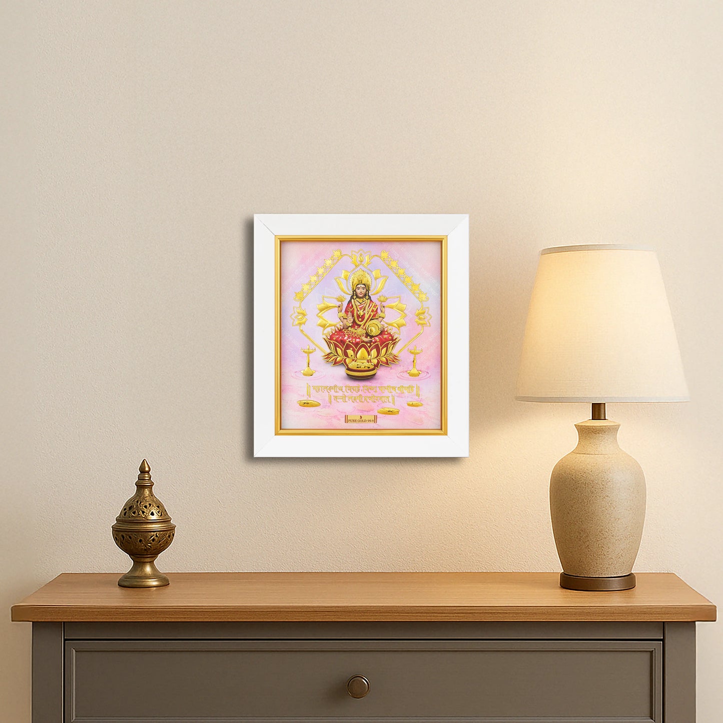 Prima art 24K gold Lakshmi frame for home décor , corporate gifting and housewarming and wedding gift. Perfect wall hanging lakshmi gold frame . Vastu Approved. Buy online lakshmi ji gold frames.