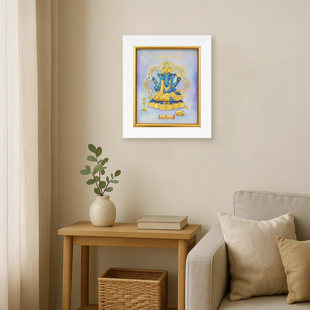 Prima art gold Ganesha frame for home décor , corporate gifting and housewarming and wedding gift. Perfect wall hanging mount ganesha frame , table top frame . Vastu Approved. Buy online .