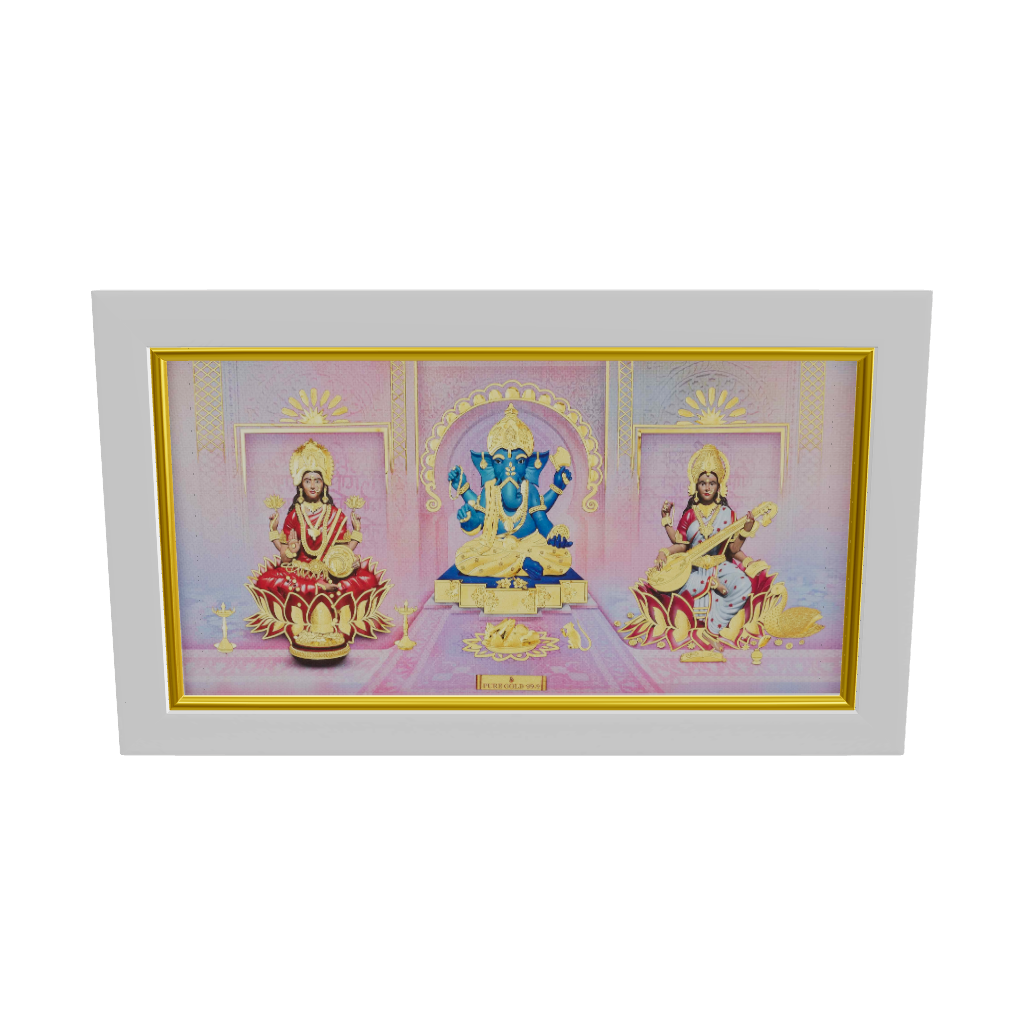 Prima Art Lakshmi Ganesha Saraswati  24K Gold Sheet Artwork Frame best for festival and corporate gifting
