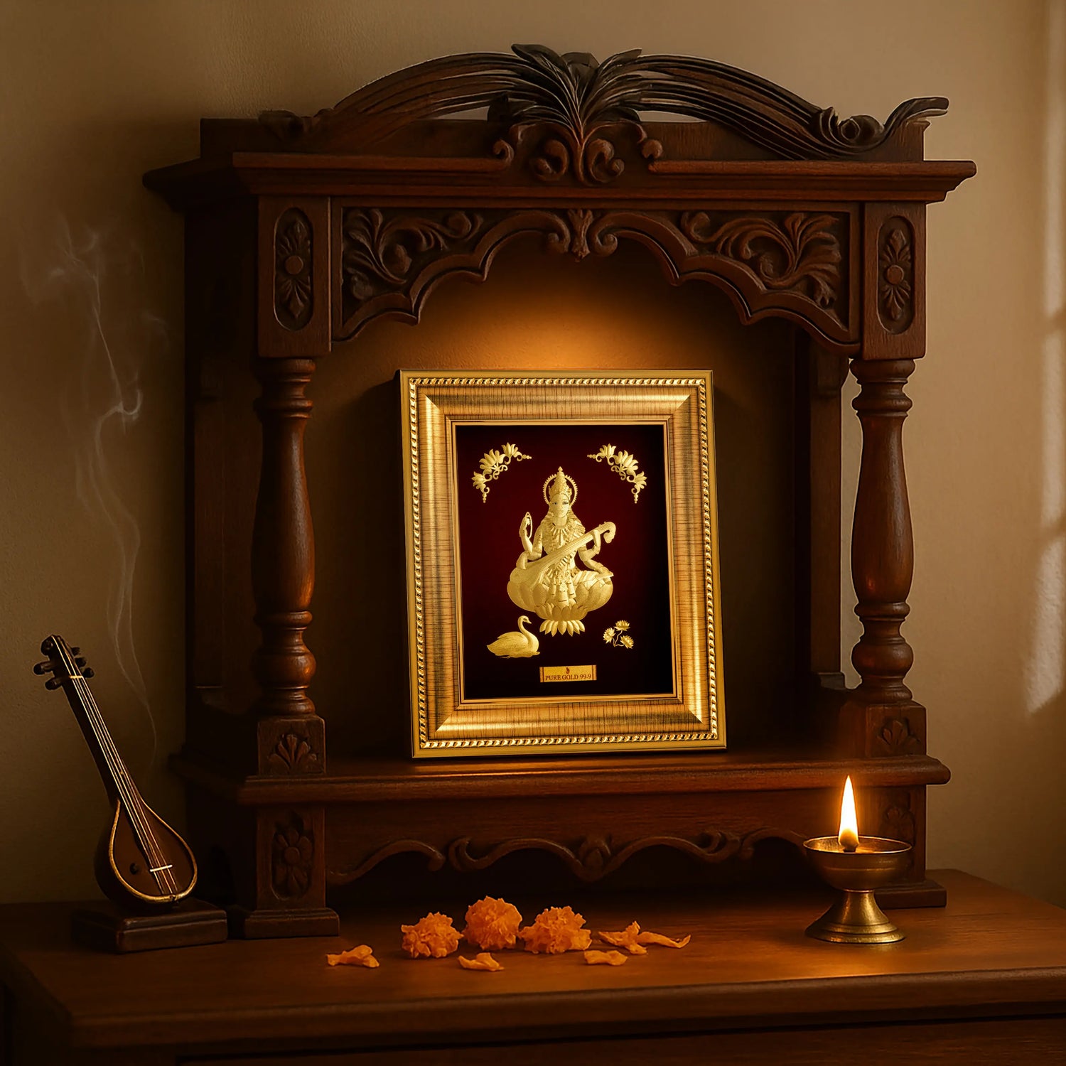 Goddess Saraswati ji in 24k Pure Gold frame artwork. Perfect for gifting and home temple , Tabletop and wall hanging frame.