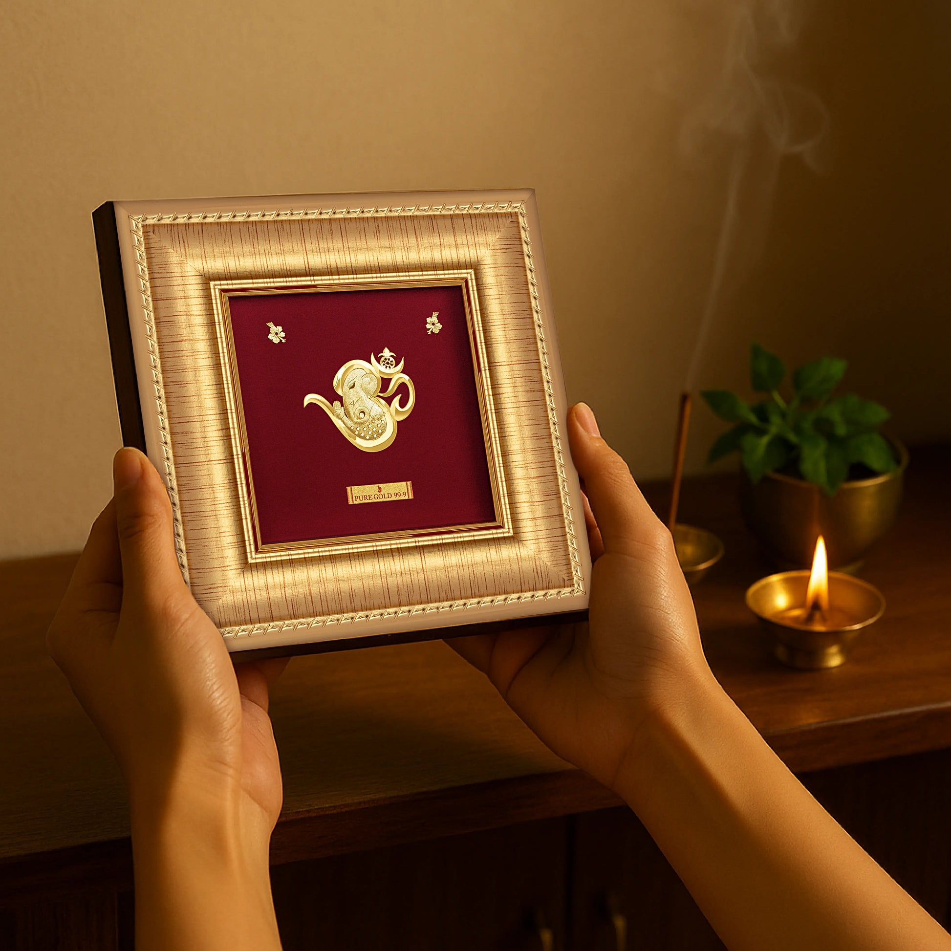 Lord om Ganesha 24K Gold Frame a perfect temple shelf frame and wall mount frame . Best for festival and corporate gifting . Vastu approved. Buy online.