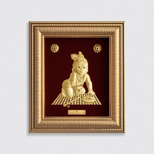 Laddoo Gopal ji 24K Gold frame. Perfect gift buy online. Best for home decor , wall hanging , table top & temple shelf. Vastu Approved.