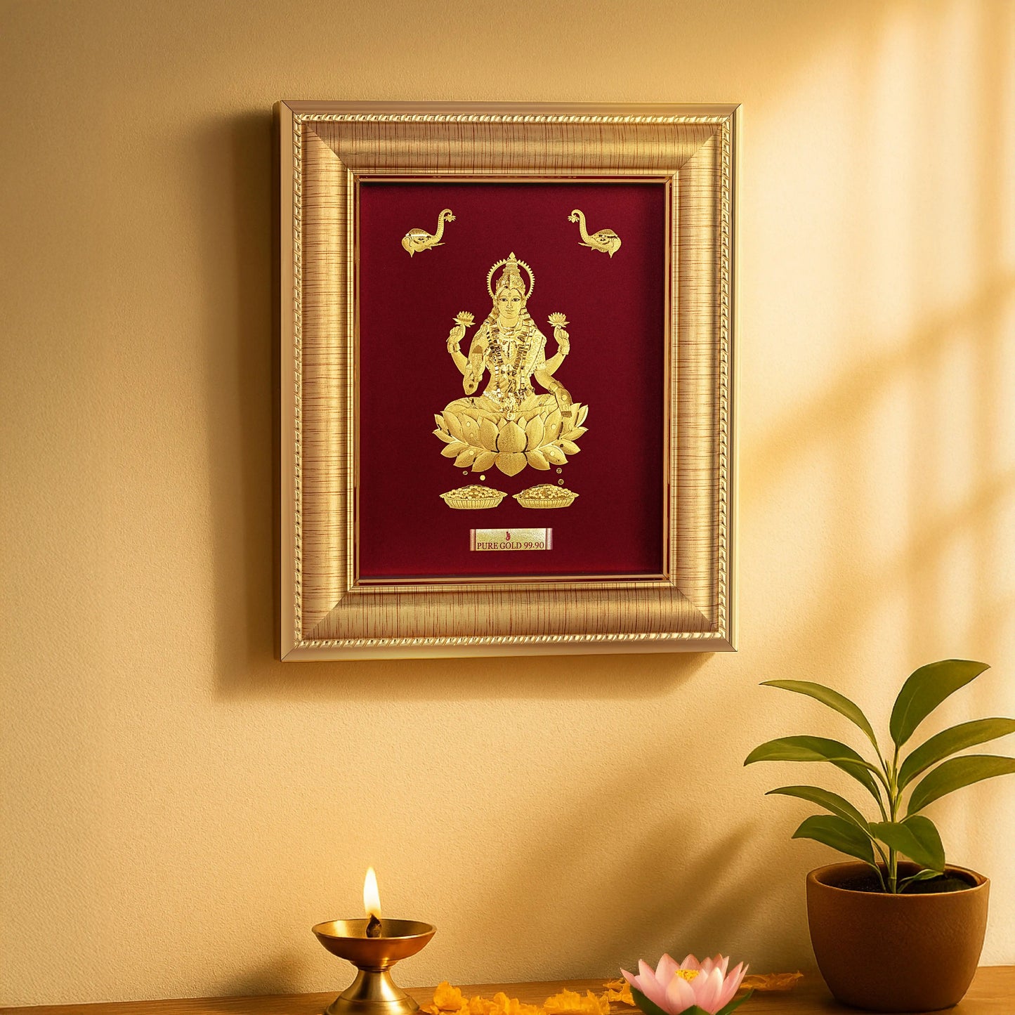Lakshmi ji gold frame for gifting and home temple.
