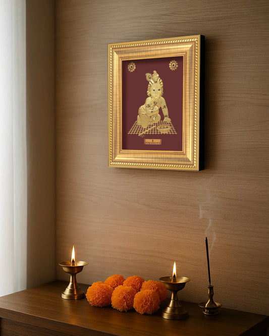 Laddoo Gopal ji 24K Gold frame. Perfect gift buy online. Best for home decor , wall hanging , table top & temple shelf. Vastu Approved. Prima art devotional frame in 24k Gold.