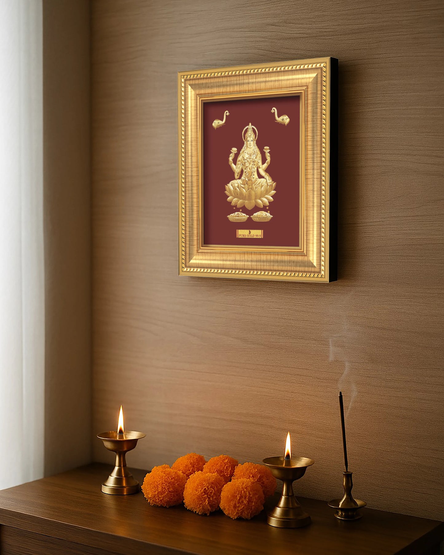 Goddess Lakshmi ji Gold frame. Perfect gift buy online. Best for home decor , wall hanging , table top & temple shelf. Vastu Approved.