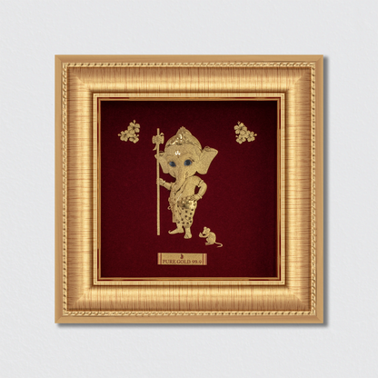 Bal Ganesha 24K gold frame – child form of Lord Ganesha for pooja décor, baby gifting, and divine blessings at home.