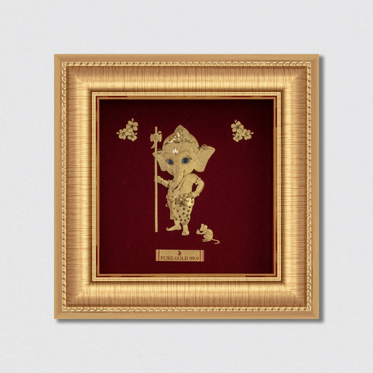 Bal Ganesha 24K gold frame – child form of Lord Ganesha for pooja décor, baby gifting, and divine blessings at home.