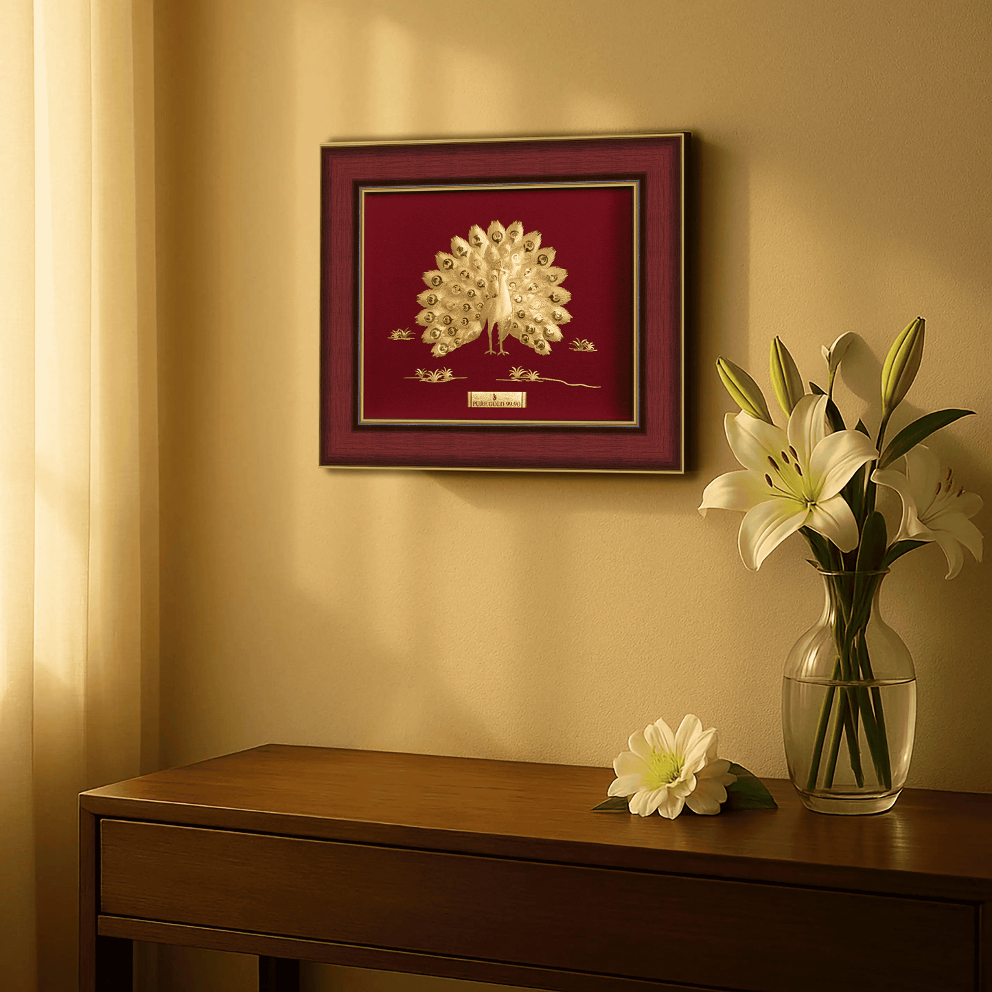 Peacock open feathers decoration artwork frame in Gold 