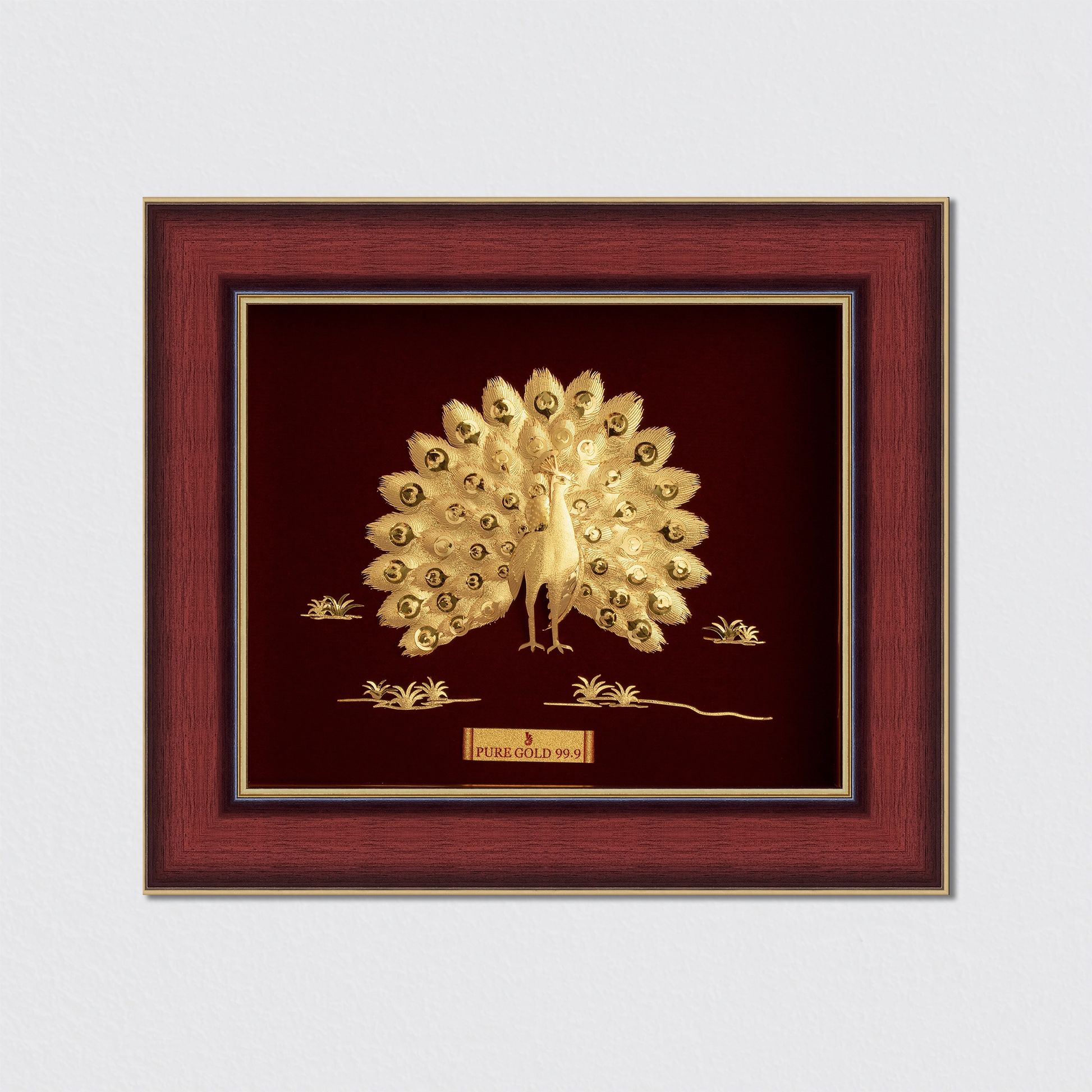 Peacock premium wall art hanging frame in gold by Prima Art.