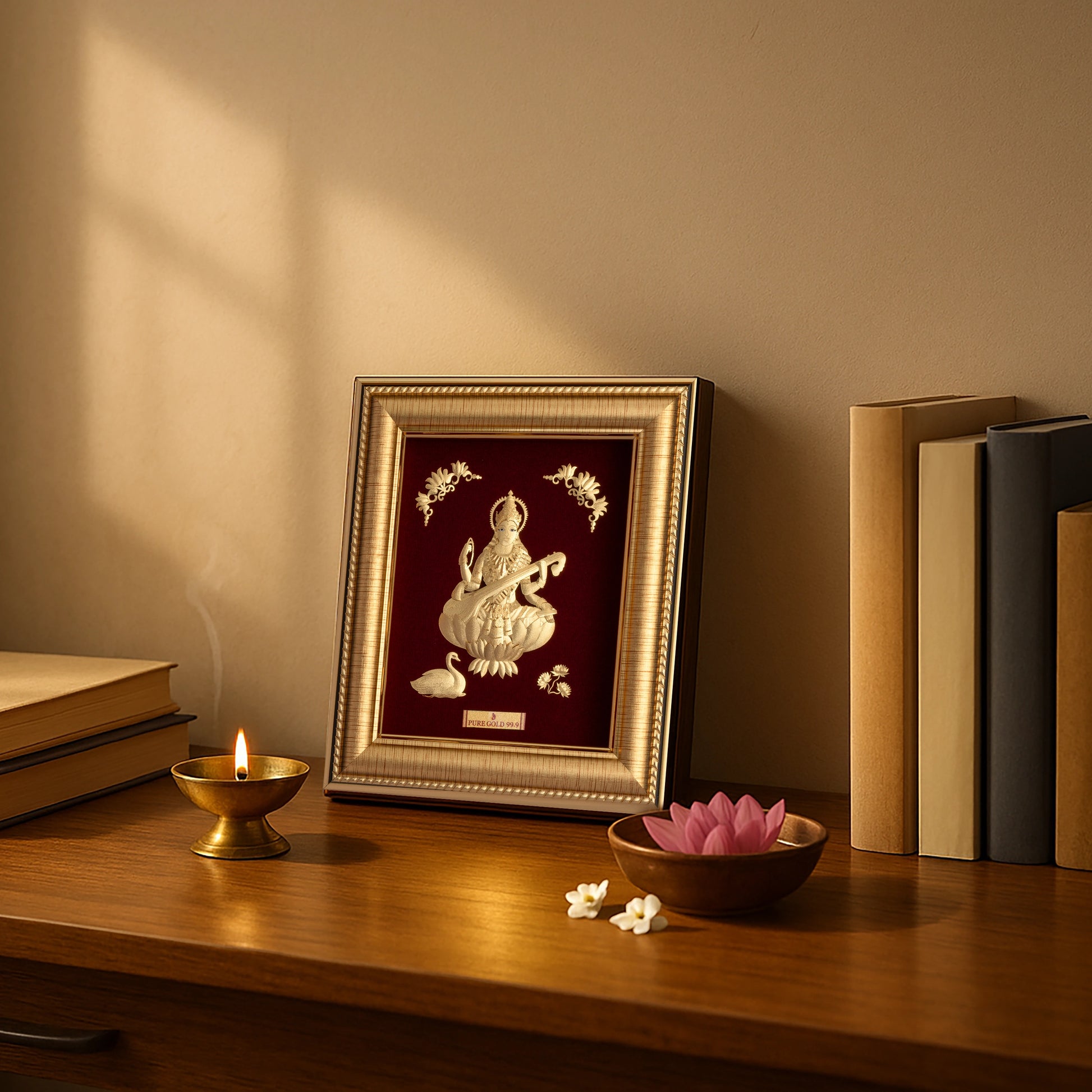 Prima Art Saraswati 24K Gold Frame. Perfect a wall hanging frame , table top and temple shelf. best for festival gifting and corporate gifting 