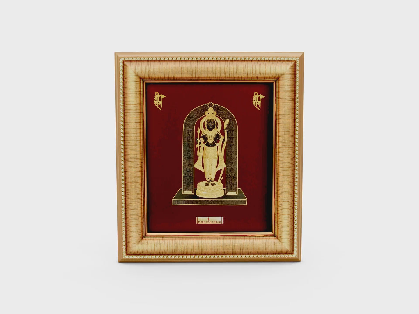 Ram lalla gold frame for home temple and gifting.