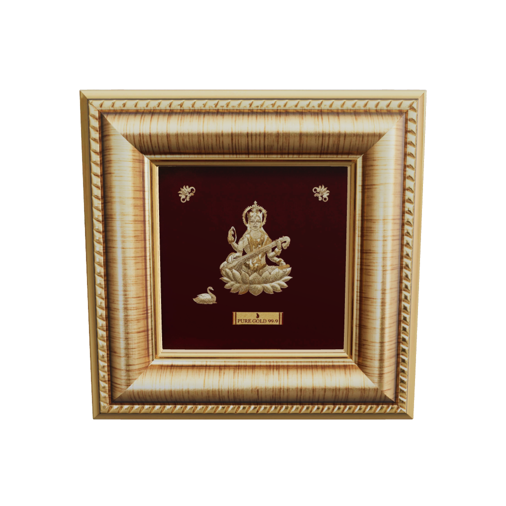 Prima Art Saraswati ji 24K Gold Sheet Artwork Frame best for festival and corporate gifting