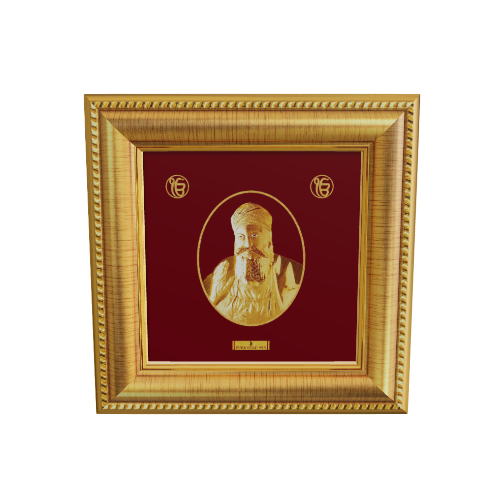 Guru Nanak Guru Gobind ji gold premium frame. Perfect for gifting and temple home shelve frame. 