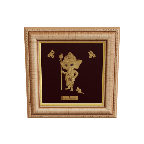 Bal Ganesha 24K gold frame – child form of Lord Ganesha for pooja décor, baby gifting, and divine blessings at home.