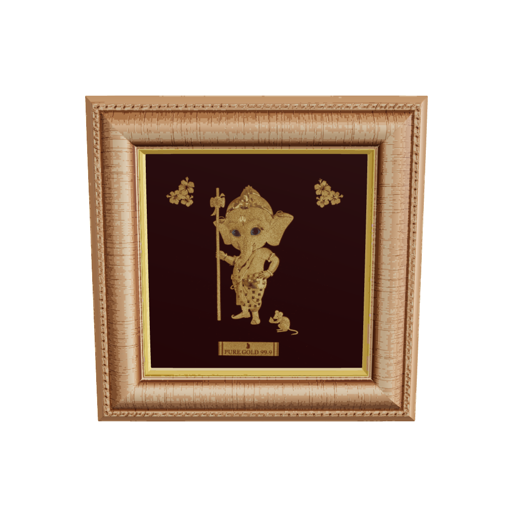 Bal Ganesha 24K gold frame – child form of Lord Ganesha for pooja décor, baby gifting, and divine blessings at home.