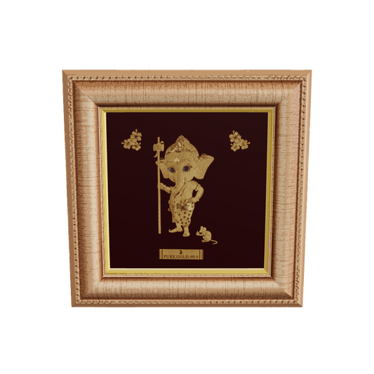 Bal Ganesha 24K gold frame – child form of Lord Ganesha for pooja décor, baby gifting, and divine blessings at home.