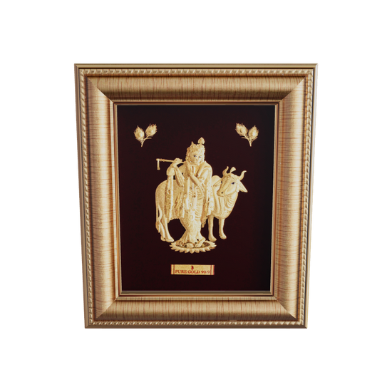 Prima Art Krishna with Cow 24K Gold Sheet Artwork Frame best for festival and corporate gifting 