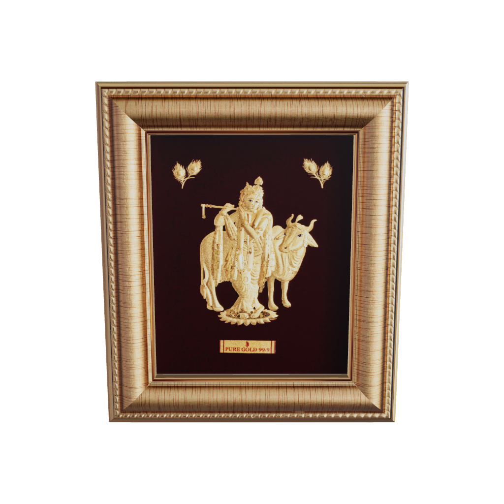 Prima Art Krishna with Cow 24K Gold Sheet Artwork Frame best for festival and corporate gifting 