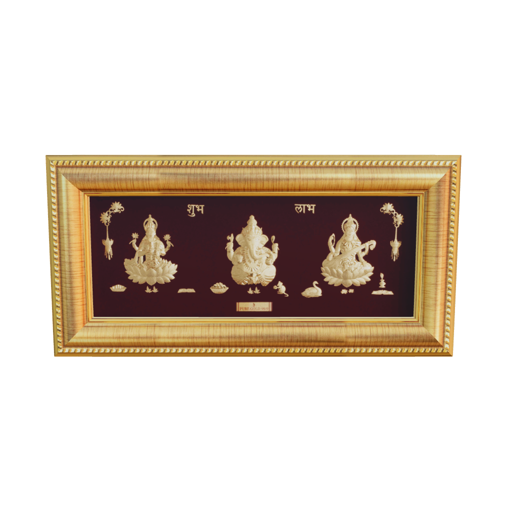 Prima Art Lakshmi Ganesha Saraswati 24K Gold Sheet Artwork Frame best for festival and corporate gifting 