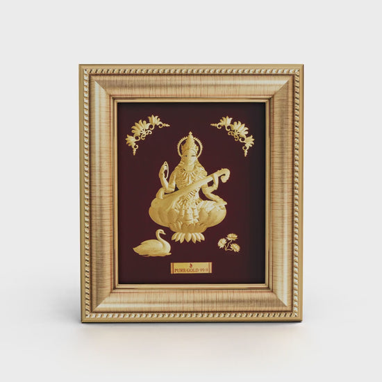 Prima Art Saraswati ji 24K Gold Sheet Artwork Frame best for festival and corporate gifting 