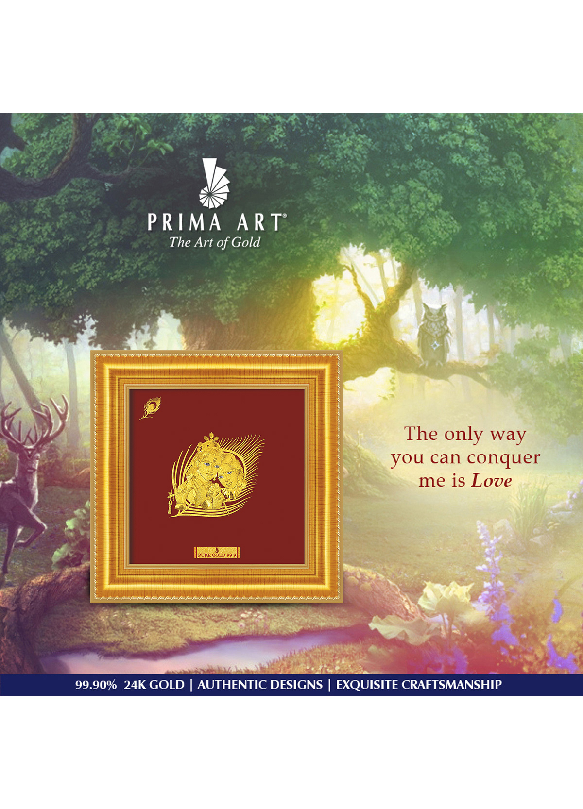 Prima Art A8 Radhakrishna on Peacock Feather 24K Pure Gold Sheet Artwork